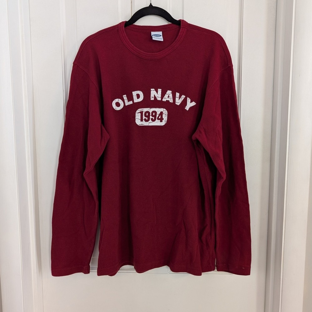 VTG Old Navy Mens Pullover‎ Thermal Shirt LARGE Y2K Preppy Spell Out Waffle Knit